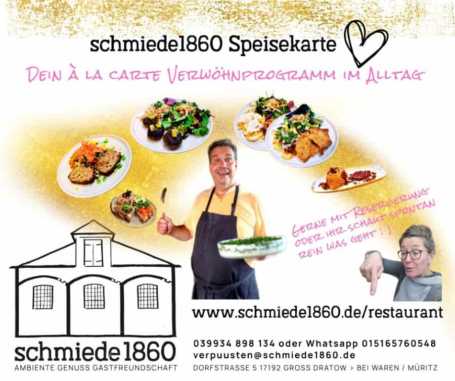 Bild zur schmiede1860 à la carte Speisekarte mit abgebildeten Speisen, Axel als Koch und Tina im Service sowie Kontaktdaten