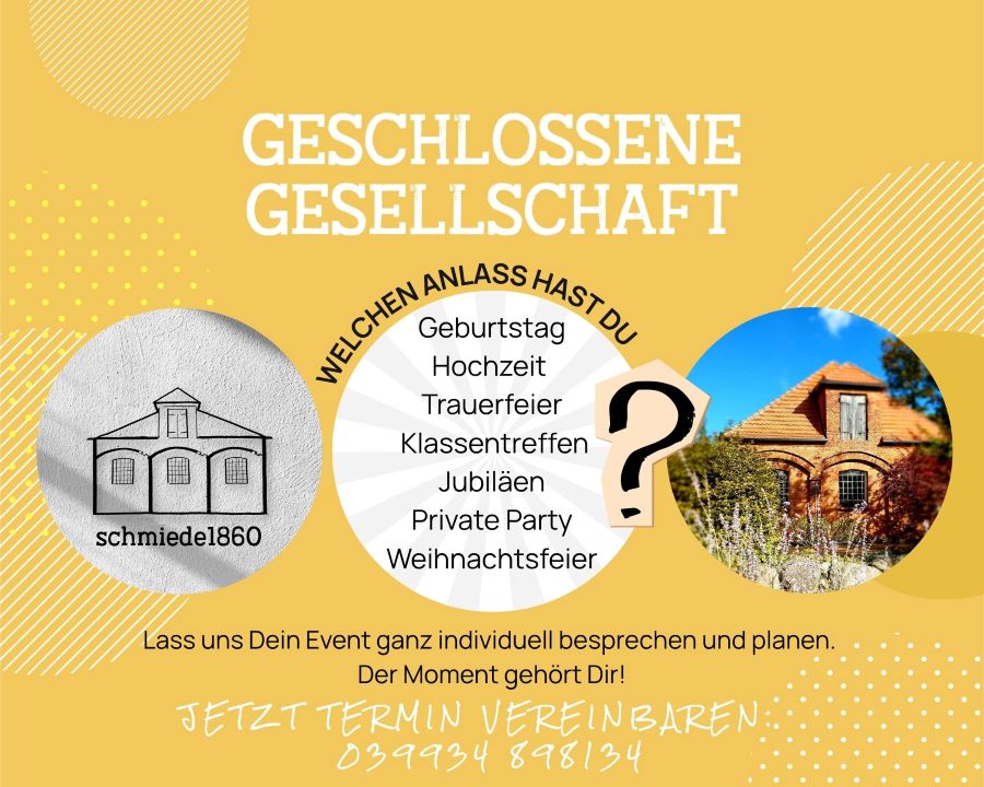 Das Bild beschreibt, dass wir heute eine private Feier für eine Geschlossene Gesellschaft veranstalten sowie dass Angebot das Angebot der Durchführung privater Feiern für Interessenten und führt verschiedene Anlässe für Feiern auf.