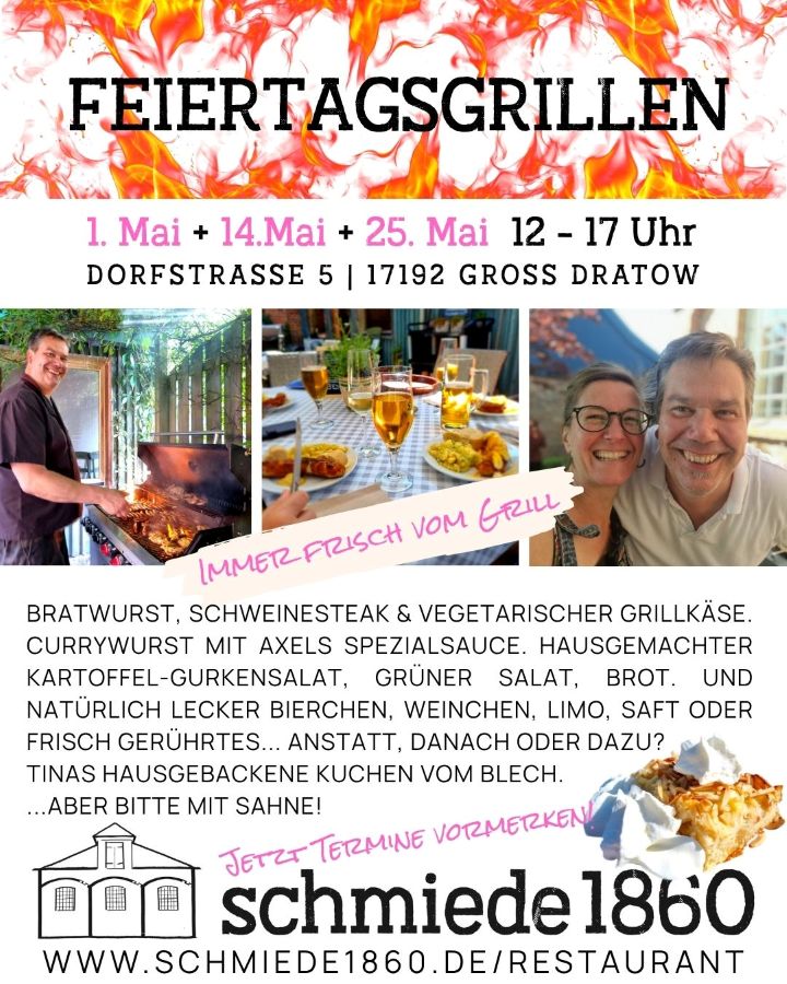 Das Bild beschreibt die Veranstaltung Feiertagsgrillen heute. Die Überschrift Feiertagsgrillen ist umrahm von Feuerflammen. Darunter sind Bilder von Axel am Grill, einem Speisen und Getränken gedeckten Tisch sowie eine Foto von den Gastgebern Tina und Axel. Der Text beschreibt das Angebot an Speisen und Getränken.