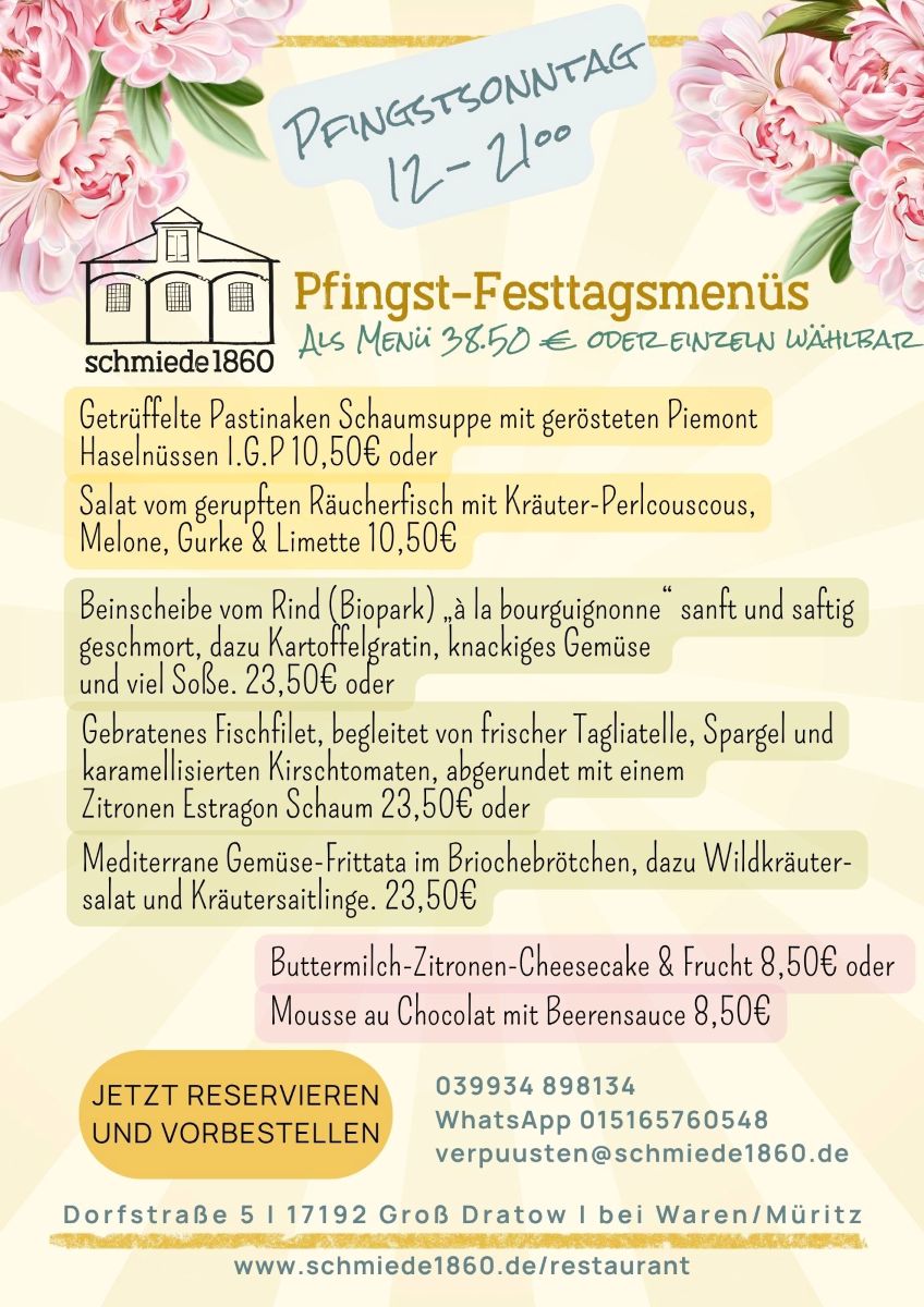 Das Bild beschreibt die am Pfingstsonntag angebotenen Festtagsmenues mit Vorspeisenauswahl, Hauptgerichten in Fleisch-, Fisch- und vegetarischer Variante sowie Desserts.