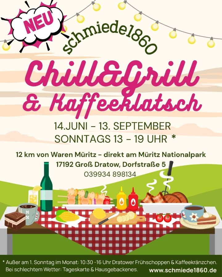 Chill&Grill und Kaffeeklatsch, ab 14. Juni bis 13 September, sonntags zwsichen 13 und 19 Uhr in der schmiede1860.