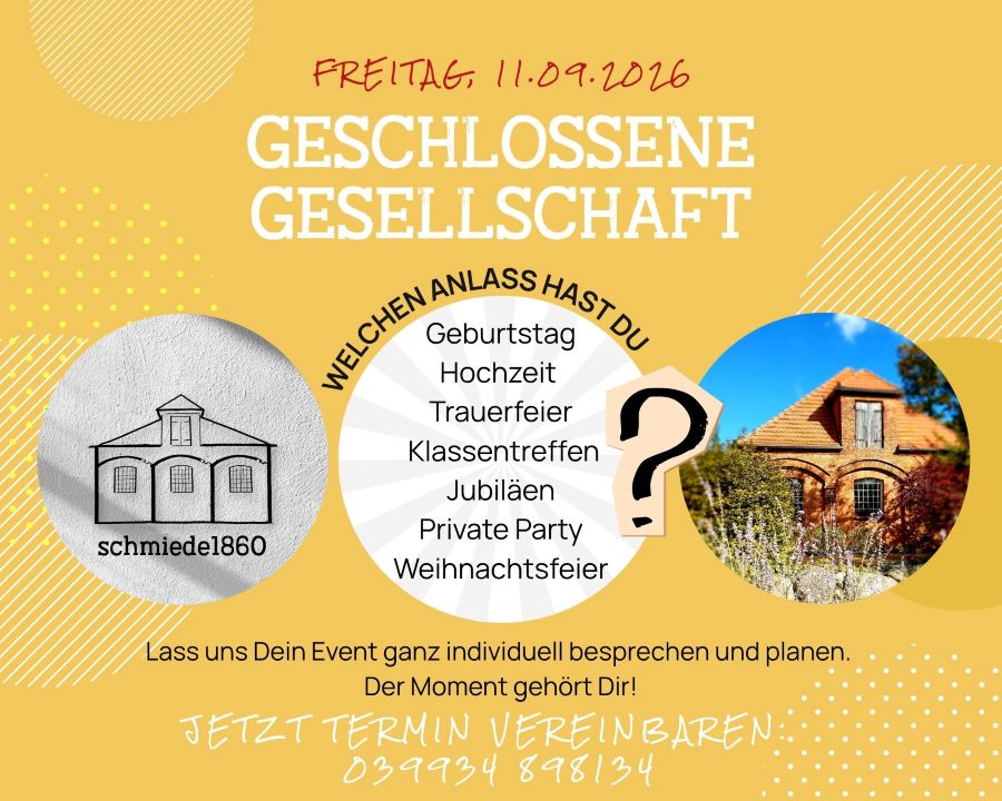Das Bild beschreibt, dass heute eine private Feier für eine Geschlossene Gesellschaft stattfindet sowie das Angebot der Durchführung privater Feiern für Interessenten und führt verschiedene Anlässe für Feiern auf.