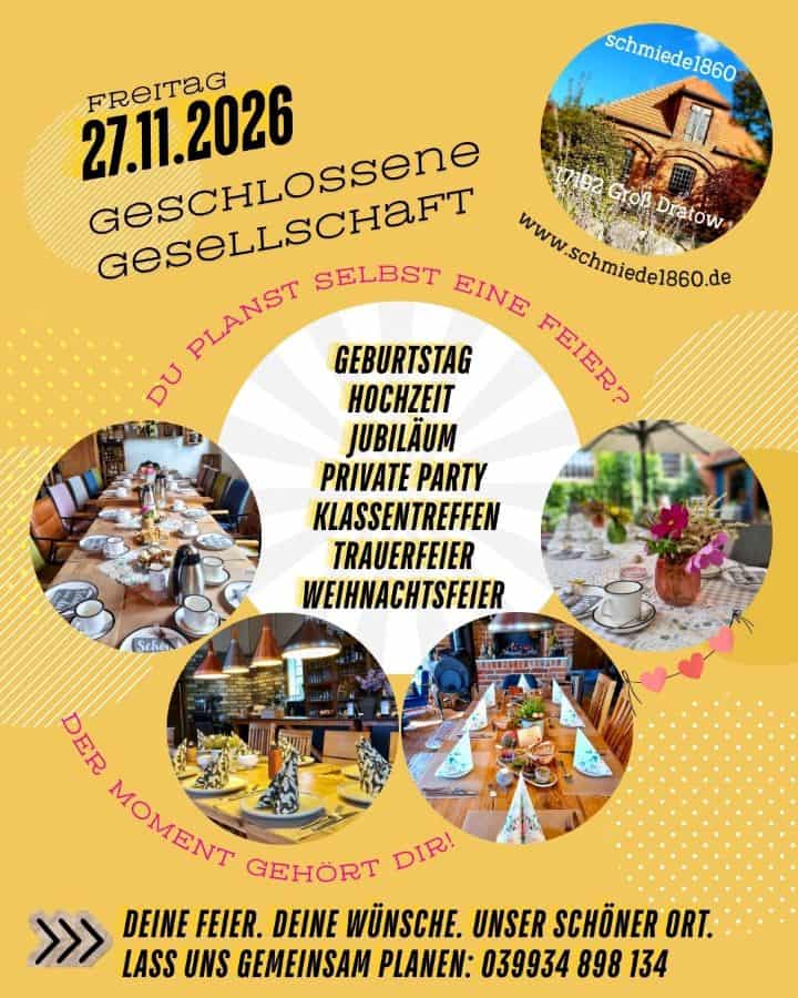 Feiern in der schmiede1860 in Groß Dratow bei Waren an der Müritz: Räumlichkeiten und festlich gedeckte Tische für Geburtstage, Hochzeiten, Jubiläen und individuelle Feiern.