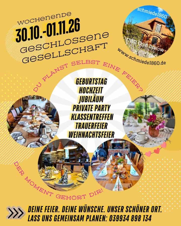 Feiern in der schmiede1860 in Groß Dratow bei Waren an der Müritz: Räumlichkeiten und festlich gedeckte Tische für Geburtstage, Hochzeiten, Jubiläen und individuelle Feiern.
